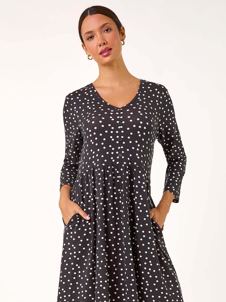 Roman Black Spot Print Button Detail V-Neck Dress - Image 1 of 6
