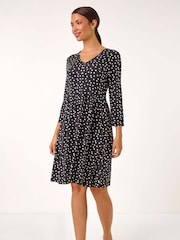 Roman Black Spot Print Button Detail V-Neck Dress - Image 3 of 6
