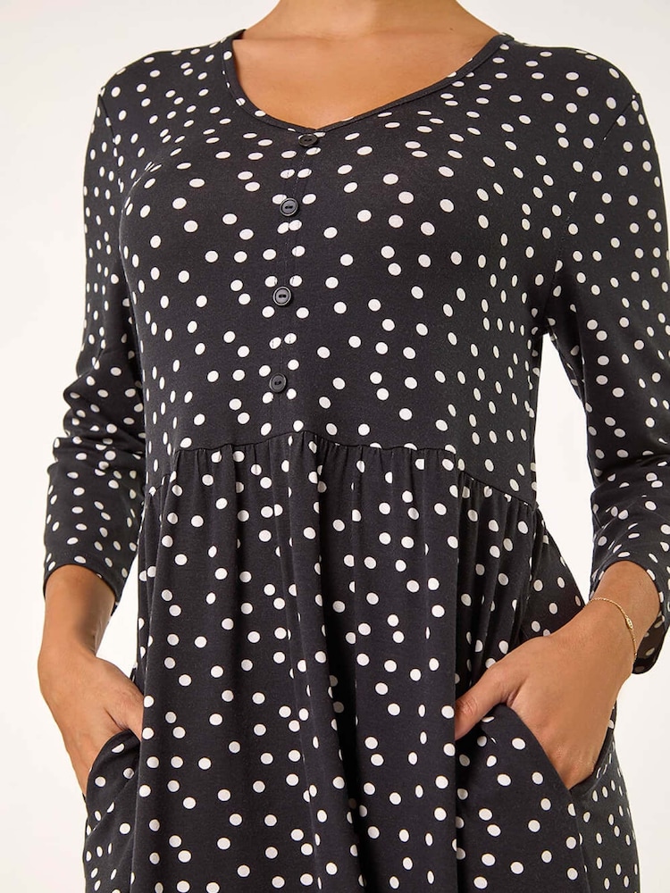 Roman Black Spot Print Button Detail V-Neck Dress - Image 6 of 6