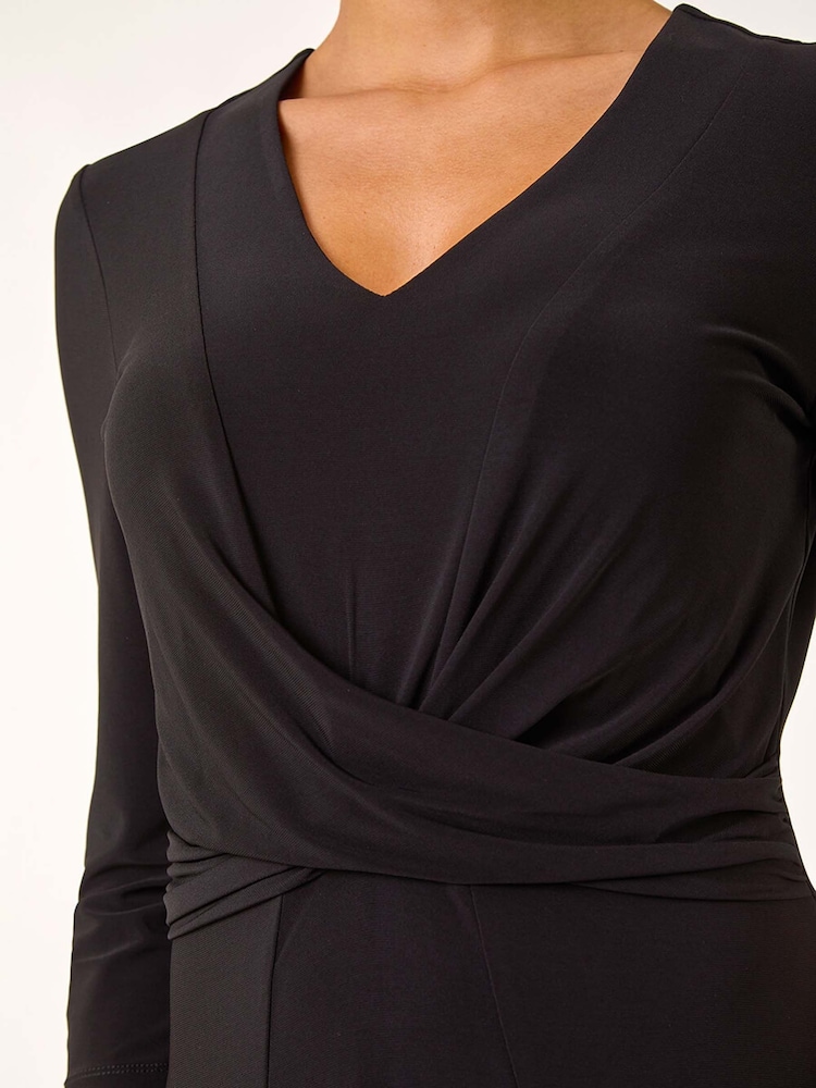 Roman Black Stretch Cross-Over Midi Dress - Image 5 of 5