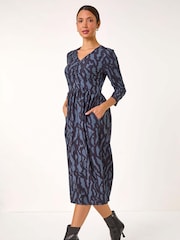 Roman Blue Textured Wave Print V-Neck Midi Dress - Image 2 of 5