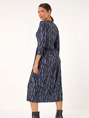 Roman Blue Textured Wave Print V-Neck Midi Dress - Image 3 of 5