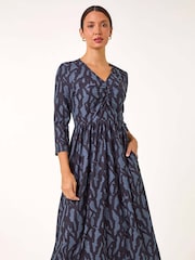 Roman Blue Textured Wave Print V-Neck Midi Dress - Image 4 of 5