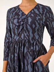 Roman Blue Textured Wave Print V-Neck Midi Dress - Image 5 of 5