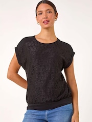 Roman Black Lace Panel Stretch Jersey Top - Image 1 of 5