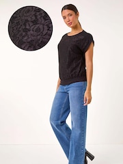 Roman Black Lace Panel Stretch Jersey Top - Image 2 of 5
