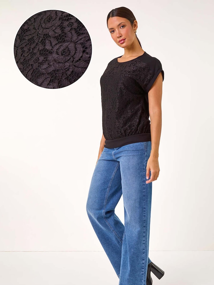Roman Black Lace Panel Stretch Jersey Top - Image 2 of 5