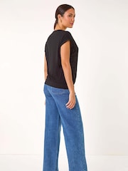 Roman Black Lace Panel Stretch Jersey Top - Image 3 of 5