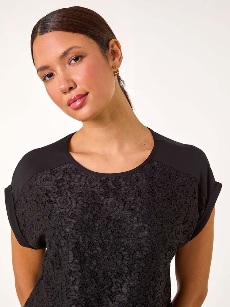 Roman Black Lace Panel Stretch Jersey Top - Image 4 of 5