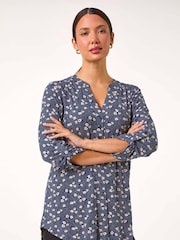 Roman Grey Stretch Ditsy Floral Print Buttoned Top - Image 2 of 5