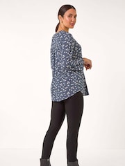 Roman Grey Stretch Ditsy Floral Print Buttoned Top - Image 3 of 5
