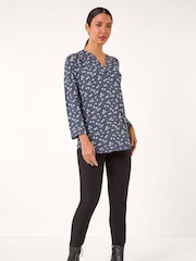 Roman Grey Stretch Ditsy Floral Print Buttoned Top - Image 4 of 5