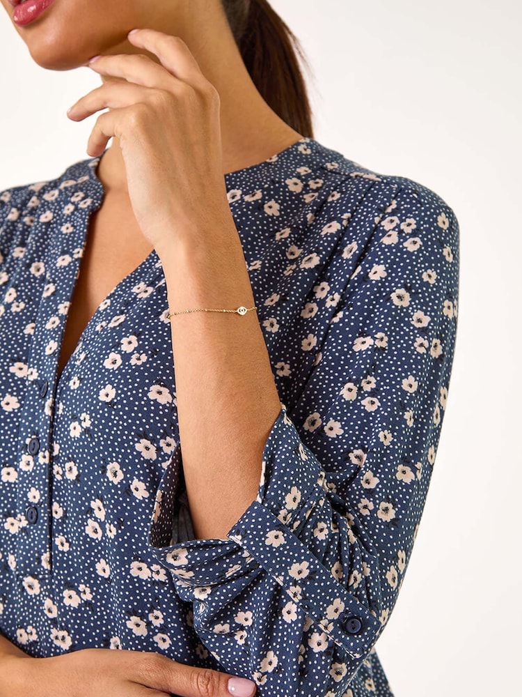 Roman Grey Stretch Ditsy Floral Print Buttoned Top - Image 5 of 5