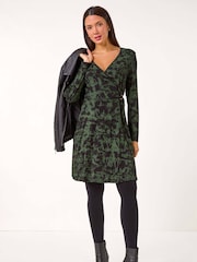Roman Green Tie Dye Wrap Detail Stretch Dress - Image 1 of 6
