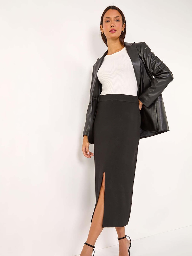 Roman Black Front Split Knitted Midi Skirt - Image 1 of 6