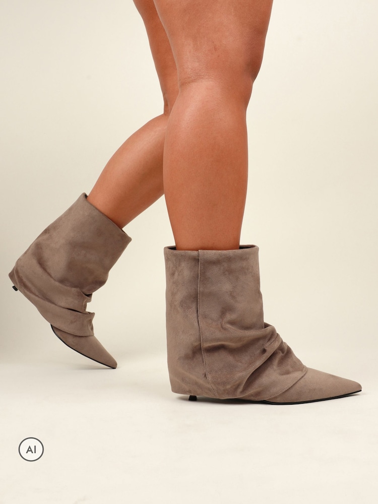 Simmi London Natural Hazel Foldover Ruched Kitten Heel Ankle Boots - Image 1 of 4 Simmi London Natural Hazel Foldover Ruched Kitten Heel Ankle Boots - Image 1 of 4