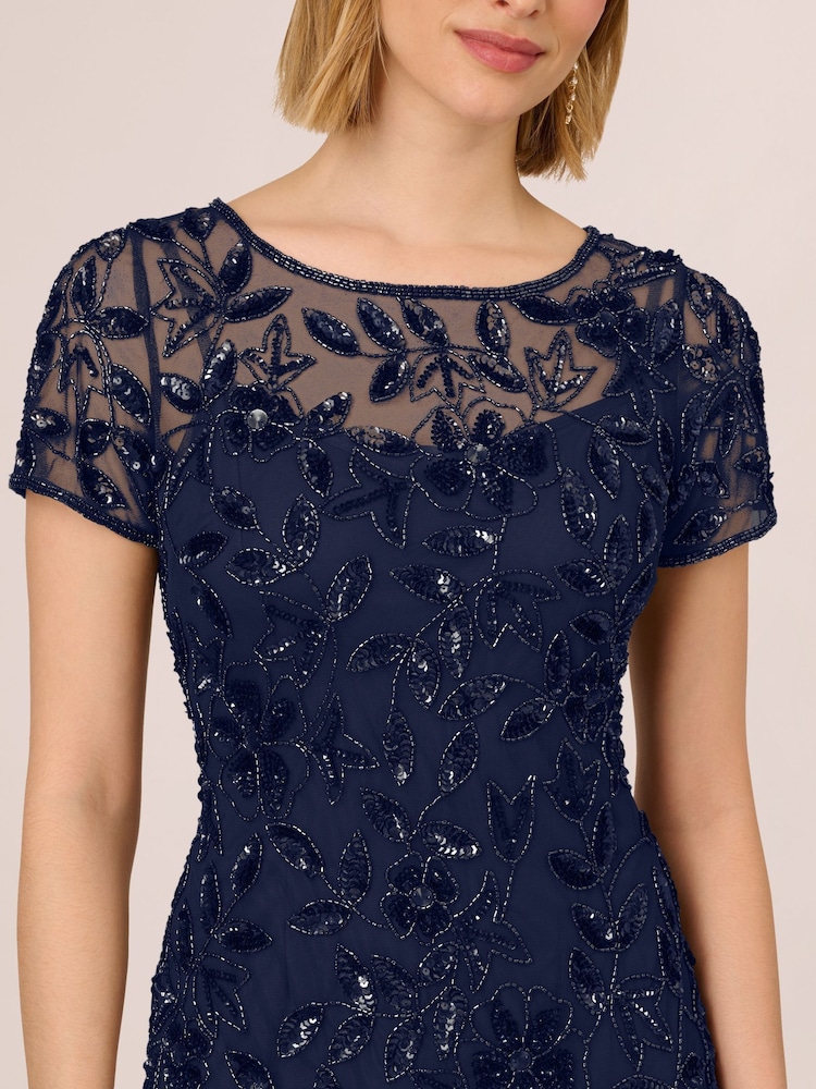 adrianna papell slate blue dress Beaded Mesh Long Dress In Green Slate main image 1