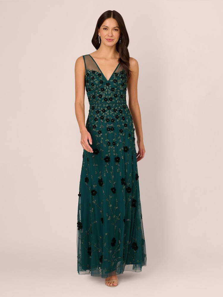 Adrianna Papell Green Beaded Mesh Illusion Dress - Image 1 of 7