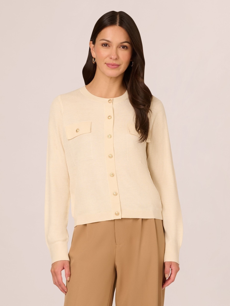Adrianna Papell Cream Long Sleeve Button Front Cardigan Sweater With Chest Pockets - Image 1 of 7
