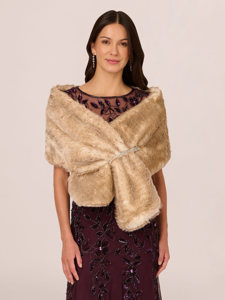 Adrianna Papell Natural Embellished Faux Fur Wrap Coverup - Image 1 of 7
