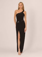 Adrianna by Adrianna Papell Knit Crepe One Shoulder Black Gown - Image 1 of 7