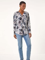 Roman Spot Print V-Neck Zip Front Stretch Top - Imagen 1 de 5
