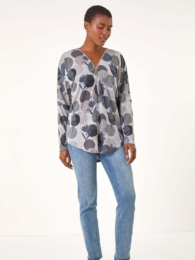 Roman Spot Print V-Neck Zip Front Stretch Top - Imagen 1 de 5 Roman Spot Print V-Neck Zip Front Stretch Top - Imagen 1 de 5
