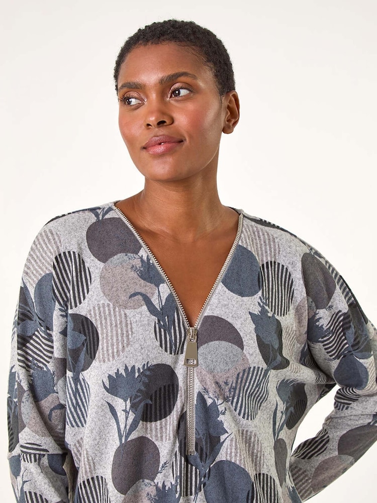 Roman Spot Print V-Neck Zip Front Stretch Top - Imagen 2 de 5