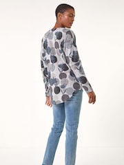 Roman Spot Print V-Neck Zip Front Stretch Top - Imagen 4 de 5