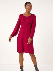 Roman Red Bow Print Lace Detail Stretch Dress - Image 1 of 5
