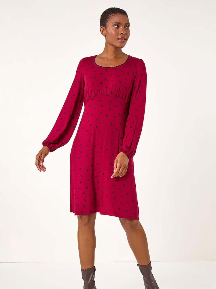 Roman Red Bow Print Lace Detail Stretch Dress - Image 1 of 5