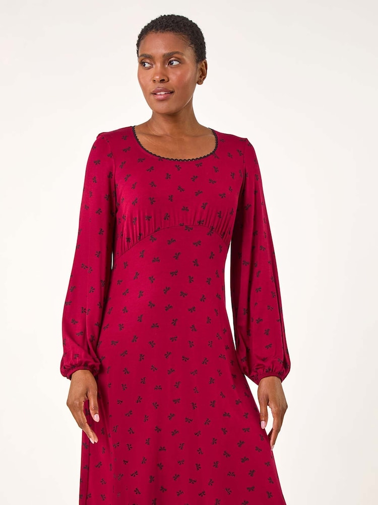 Roman Red Bow Print Lace Detail Stretch Dress - Image 2 of 5