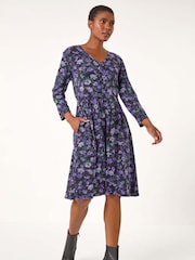 Roman Purple Floral Print Button Detail V-Neck Dress - Image 1 of 6