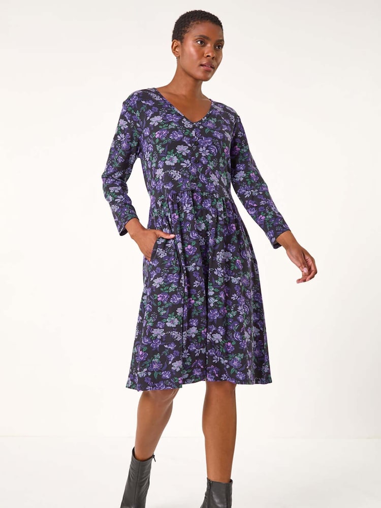 Roman Purple Floral Print Button Detail V-Neck Dress - Image 1 of 6
