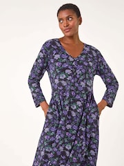 Roman Purple Floral Print Button Detail V-Neck Dress - Image 3 of 6