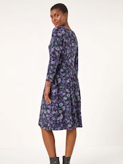 Roman Purple Floral Print Button Detail V-Neck Dress - Image 4 of 6
