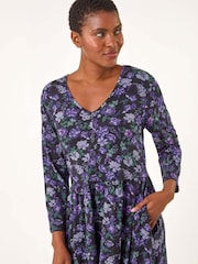 Roman Purple Floral Print Button Detail V-Neck Dress - Image 5 of 6