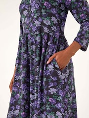 Roman Purple Floral Print Button Detail V-Neck Dress - Image 6 of 6