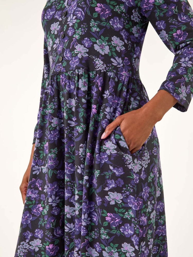 Roman Purple Floral Print Button Detail V-Neck Dress - Image 6 of 6