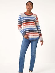 Roman Blue Fluffy Striped Curve Hem Jumper - Image 1 of 4