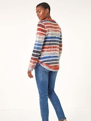 Roman Blue Fluffy Striped Curve Hem Jumper - Image 2 of 4