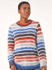 Roman Blue Fluffy Striped Curve Hem Jumper - Image 3 of 4