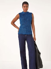 Roman Blue High Neck Fluffy Knit Top - Image 1 of 6