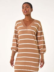 Roman Brown Stripe Print Knitted Jumper Dress - Image 5 of 6