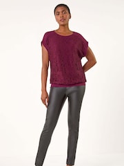 Roman Burgundy Red Lace Panel Stretch Jersey Top - Image 1 of 5