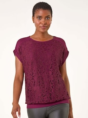 Roman Burgundy Red Lace Panel Stretch Jersey Top - Image 4 of 5