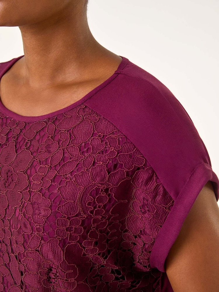 Roman Burgundy Red Lace Panel Stretch Jersey Top - Image 5 of 5