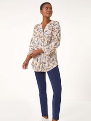 Roman Brown Button Detail Leaf Print Blouse - Image 2 of 5
