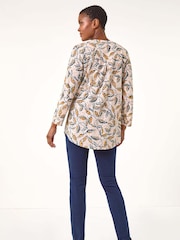 Roman Brown Button Detail Leaf Print Blouse - Image 3 of 5