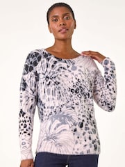 Roman Pink Fluffy Tropical Animal Print Knit Jumper - Image 1 of 5